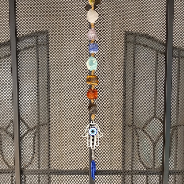 Evil Eye Protection Chakra Crystals Charm | Crystal Hamsa Hand | Boho Wall Hanging | Car Rear View Mirror Hanging Protection | Boho Gift