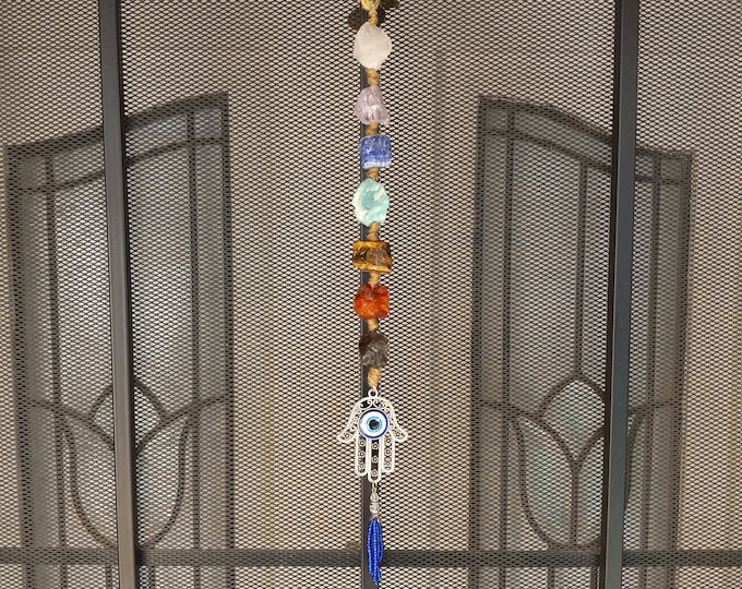 Evil Eye Protection Chakra Crystals Charm | Crystal Hamsa Hand | Boho Wall Hanging | Car Rear View Mirror Hanging Protection | Boho Gift