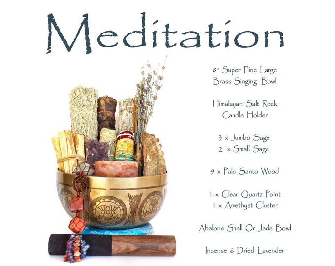 Healing & Meditation Spiritual Gift. Super Fine 8" Handmade Buddha Mantra Carved Brass Singing Bowl. Sage, Palo Santo, Crystal, Incense