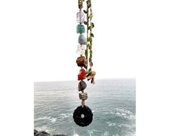 9 crystals hanging charm for Car Protection and Safe Traveling, release road rage and helps focus. Rustic style with Natural Crystals. 10" L