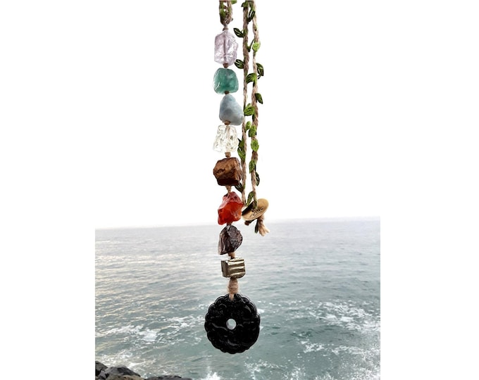 9 crystals hanging charm for Car Protection and Safe Traveling, release road rage and helps focus. Rustic style with Natural Crystals. 10" L
