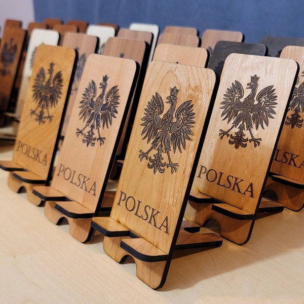 Engraved Polish Emblem Wooden Phone Stand. Perfect gift for any Polish friends or loved ones!