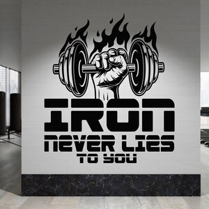 Calcomanía de pared "El hierro nunca miente", calcomanía de pared para gimnasio, decoración de pared para gimnasio, calcomanía de pared para gimnasio, arte de pared para gimnasio, letra de vinilo, calcomanía para ventana, calcomanía de fitness GYM0015
