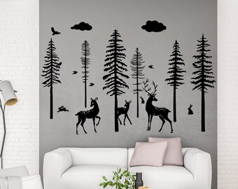 Tree Wall Decals Vinyl Wall Quotes Stickers Jungle Wild Mountain Forest Animal Deer Bear Forest Wall Sticker Vinyl Letter Wall Art CMP0003