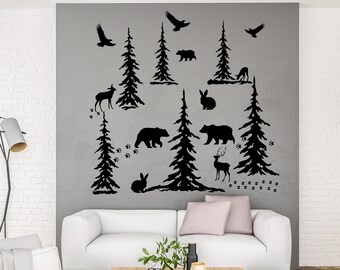 Tree Wall Decals Vinyl Wall Quotes Stickers Jungle Wild Mountain Forest Animal Deer Bear Forest Wall Sticker Vinyl Letter Wall Art CMP0005