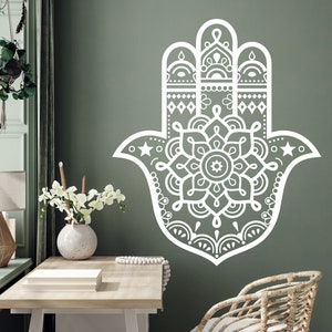 Calcomanía de pared con mandala de Hamsa, arte de pared para habitación, calcomanía de mandala para ventana, calcomanía de vinilo con la letra Hamsa MLE0001