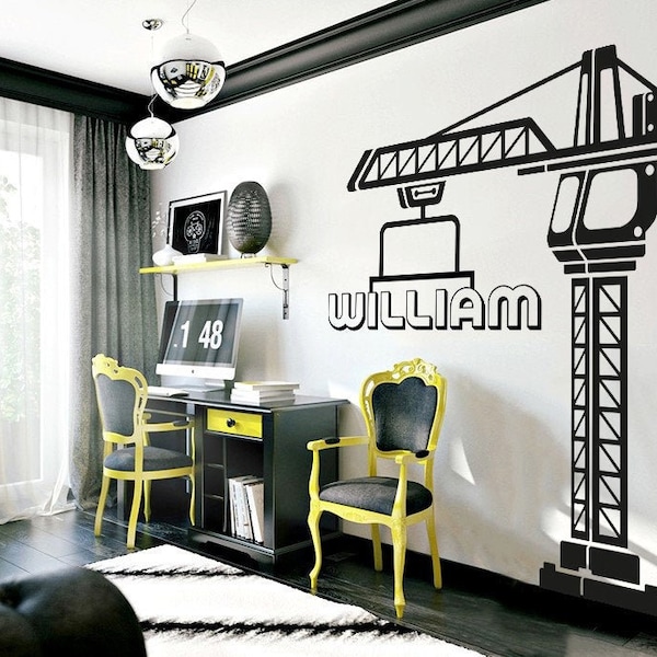 Personalized Name Construction Set Vinyl-Wall Decals Kids-Wall Decals Worksite-Crane Wall Decal-Customizable Crane Wall Decal PRS0001