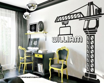 Personalized Name Construction Set Vinyl-Wall Decals Kids-Wall Decals Worksite-Crane Wall Decal-Customizable Crane Wall Decal PRS0001