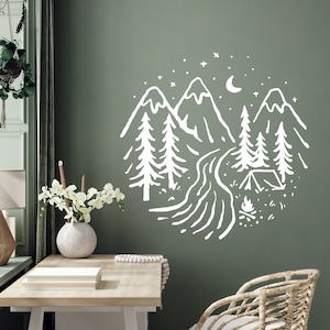 Camping Wandtattoo Lagerfeuer Wandaufkleber Campsite Wandkunst Natyre Wandtattoo Berg Aufkleber Lagerfeuer Wandaufkleber Vinyl Buchstaben Camping DP0073