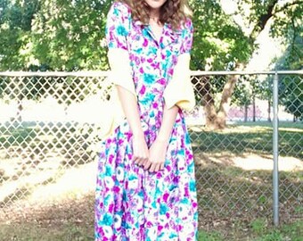 Vintage 1980s Does 1950s Floral Shirt Dress