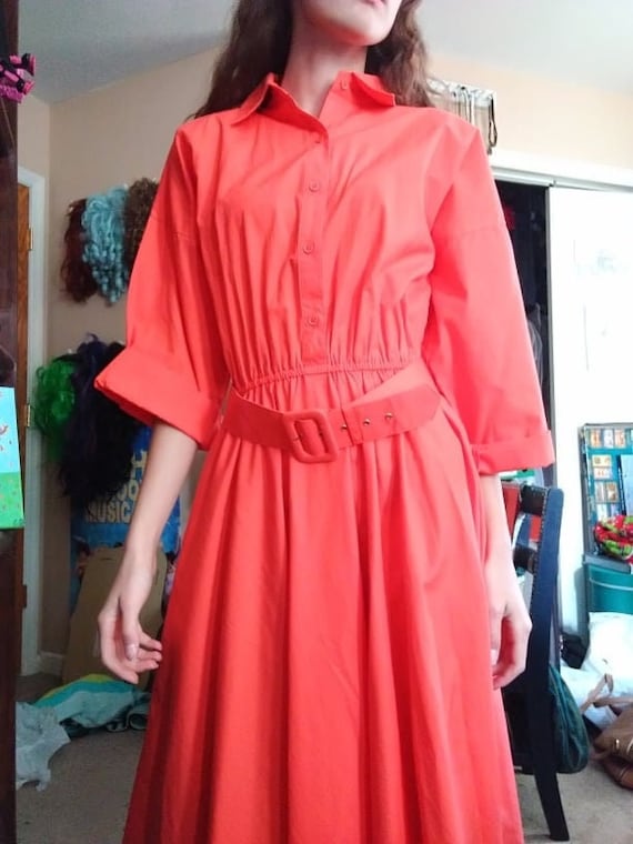 Vintage 1980s Does 1950s Bright Orange Shirt Dress