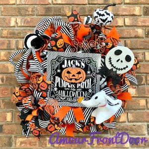 Jack Skellington Wreath, Halloween Welcome Wreath, , Happy Halloween Decor, Halloween Jack Skellington Door Hanger