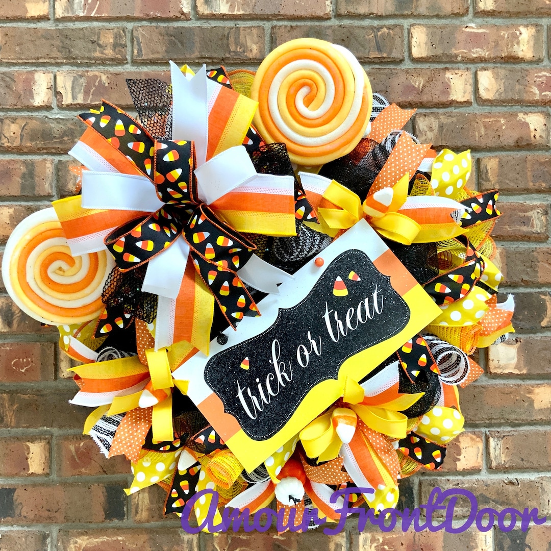 Halloween Trick or Treat Wreath, Halloween Candy Corn Door Hanger ...