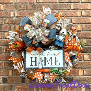 Easter Welcome Wreath, Happy Easter Wreath, Easter Rabbit Wreath, Easter Carrot Wreath, Farmhouse Easter Decor For Front Door, Easter Decor