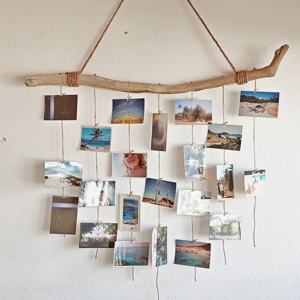 Accroche photo mural en bois flotte corde et mini pinces a linges, photo wall holder, treibholz fotohalter mit schnur ,porte photos bois mur