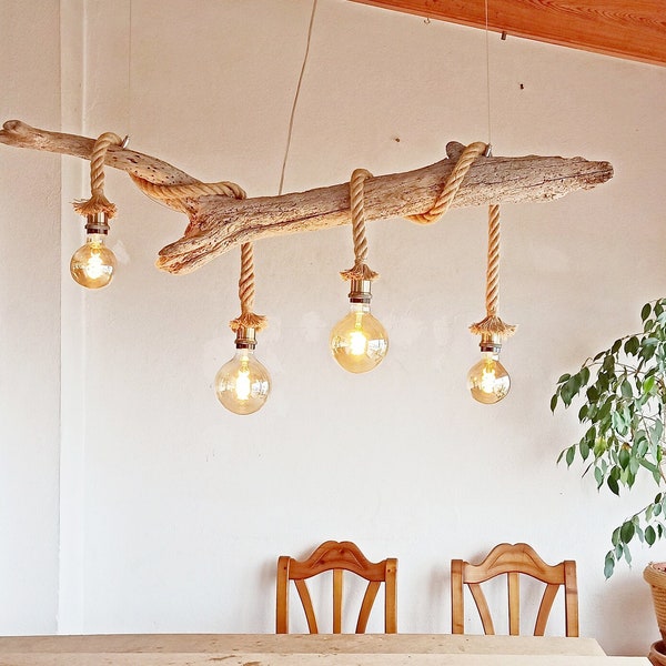 Suspension bois flotte, lustre en bois recycle, luminaire chandelier en bois et corde ,driftwood ceiling light, treibholz pendelleuchte chic