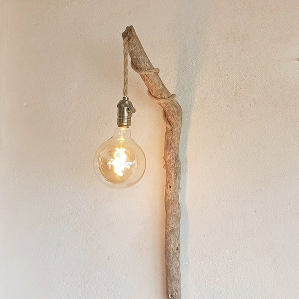 applique murale en bois flotte, lampe applique bois led edison vintage, lumiere murale rusrique vintage bois laiton, wandleuchte treibholz