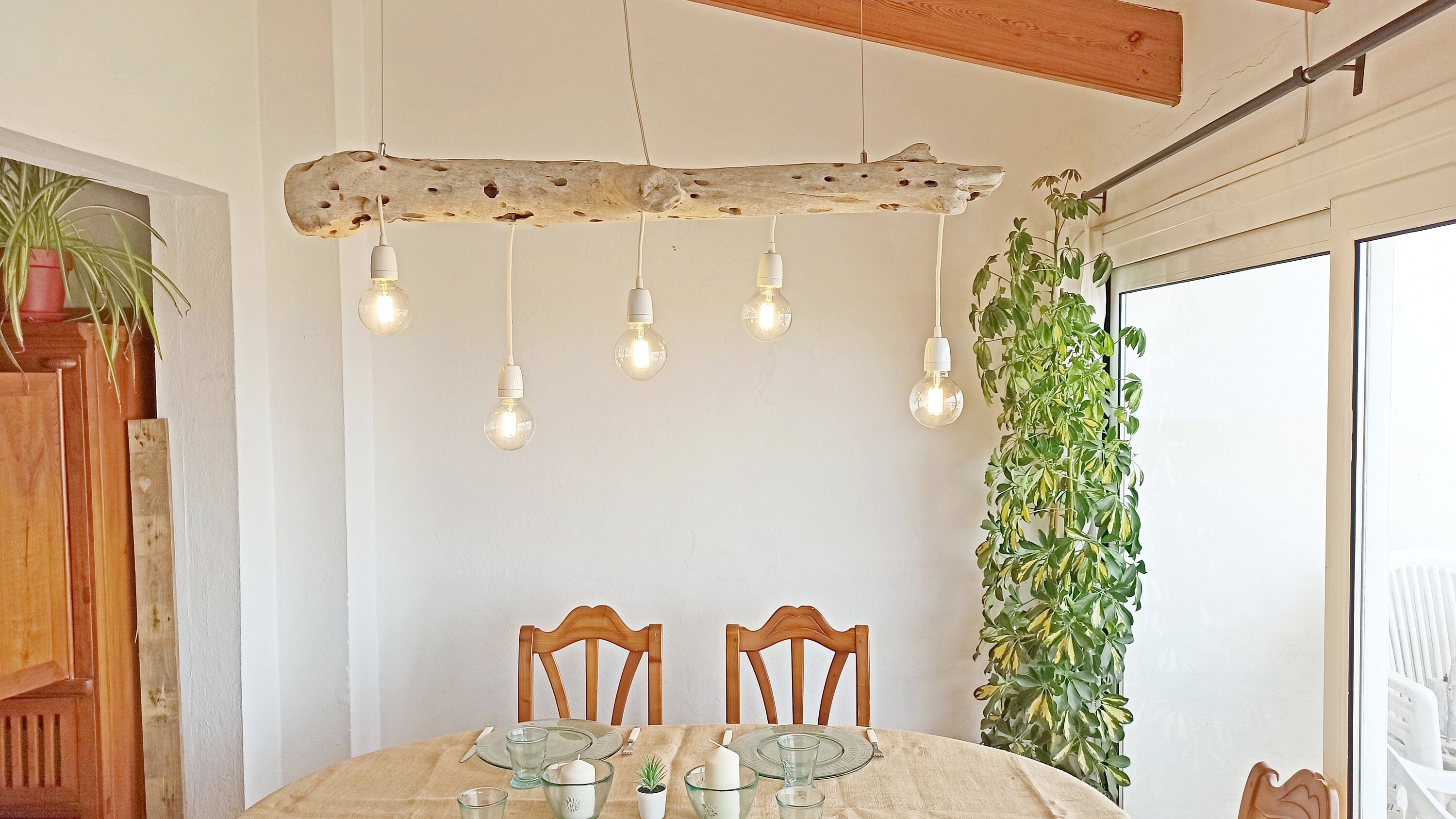 Suspension Luminaire Lustre Bois Flotte , Driftwood Pendant Ceiling Floating Light, Treibholz Decken