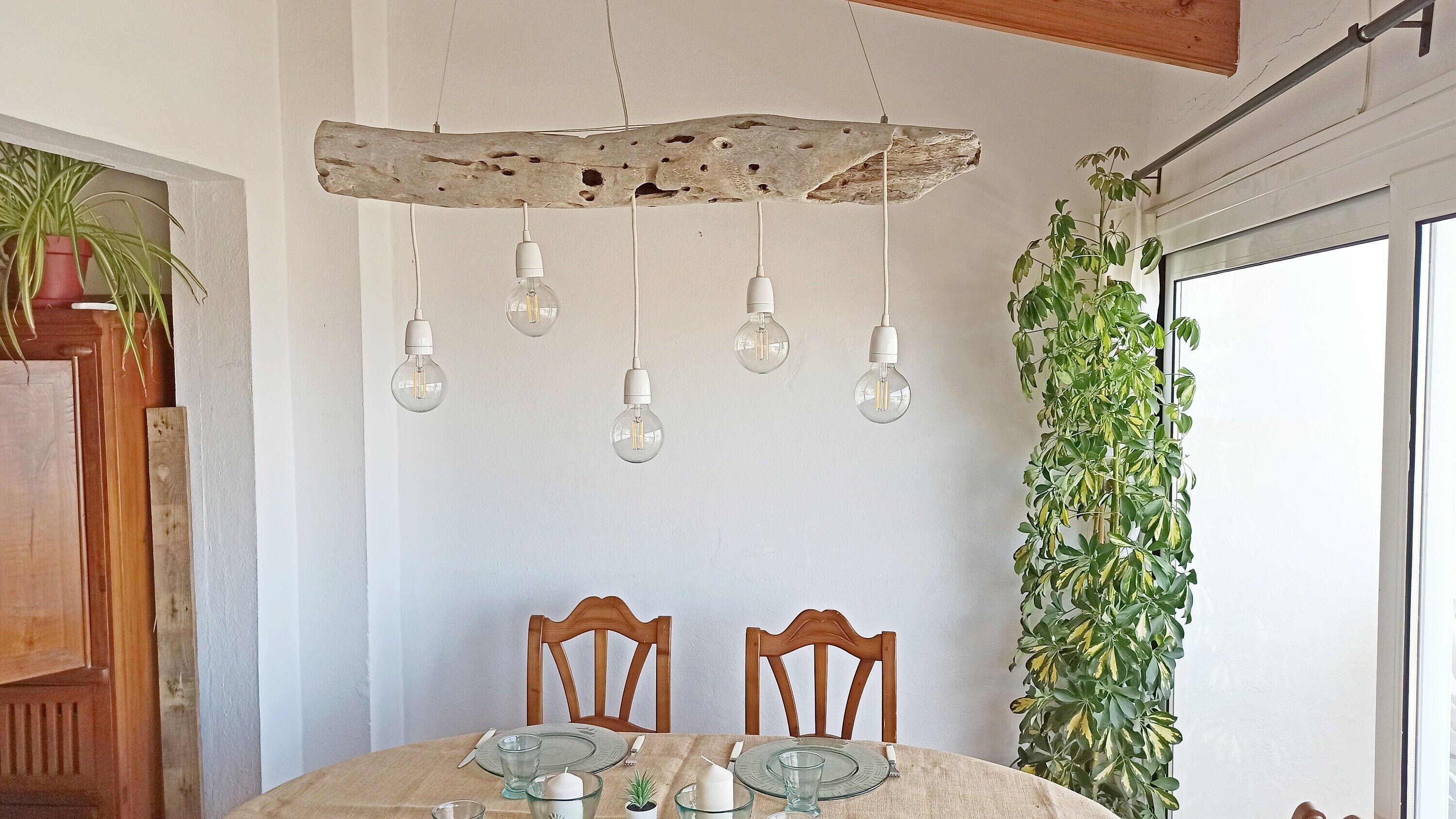 Luminaire Suspension Lustre Bois Flotte, Driftwood Floating Pendant Light, Treibholz Deckenlampe Pen