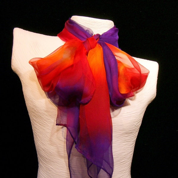 Gossamer Silk scarf in Flamenco  with a choice of Pewter scarf rings. Designed and Made in Scotland by Ladycrow