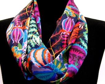 Liberty Silk Satin-Natasha scarf. Designed and made in Scotland by Ladycrow with unique magnetic fastener.