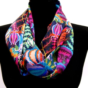 Liberty Silk Satin-Natasha scarf. Designed and made in Scotland by Ladycrow with unique magnetic fastener.