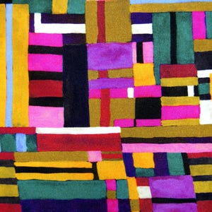 May include: A textile fabric featuring a geometric grid pattern composed of rectangular blocks in vibrant shades of magenta, mustard yellow, deep red, forest green, purple, black, and white, creating a dense, multi-colored mosaic design.