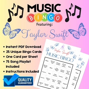 Taylor Swift-muziekbingo, Swiftie-feest, 25 unieke kaarten in totaal, afspeellijst met 75 nummers inbegrepen, digitale pdf-download, 1 kaart per vel, afdrukbaar
