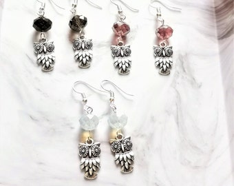 Cute owl earrings, Dangle earrings, Sparkle earrings, Owl charm