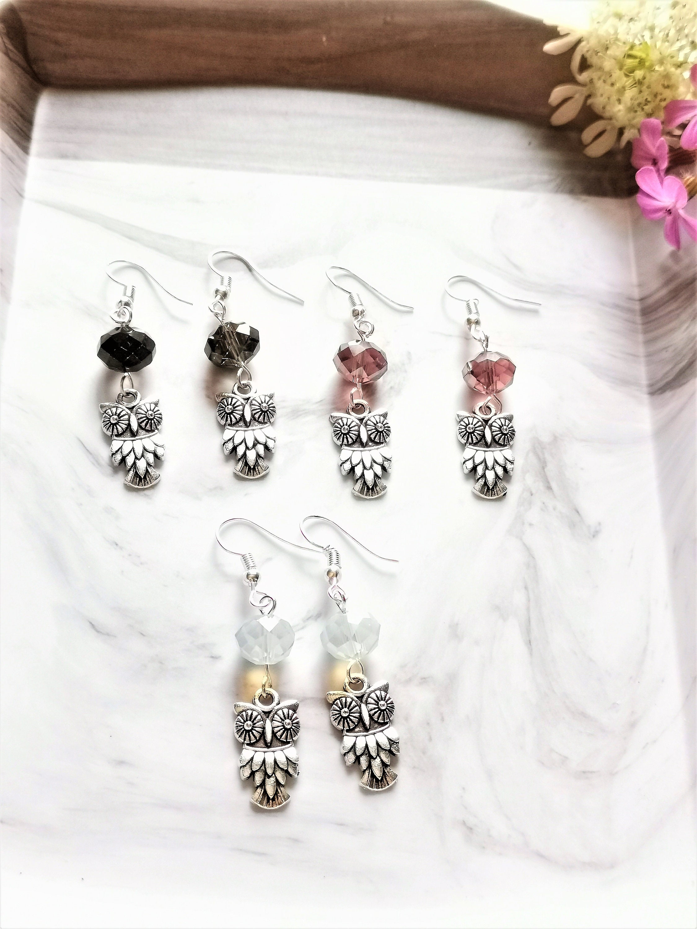 Cute owl earrings, Dangle earrings, Sparkle earrings, Owl charm