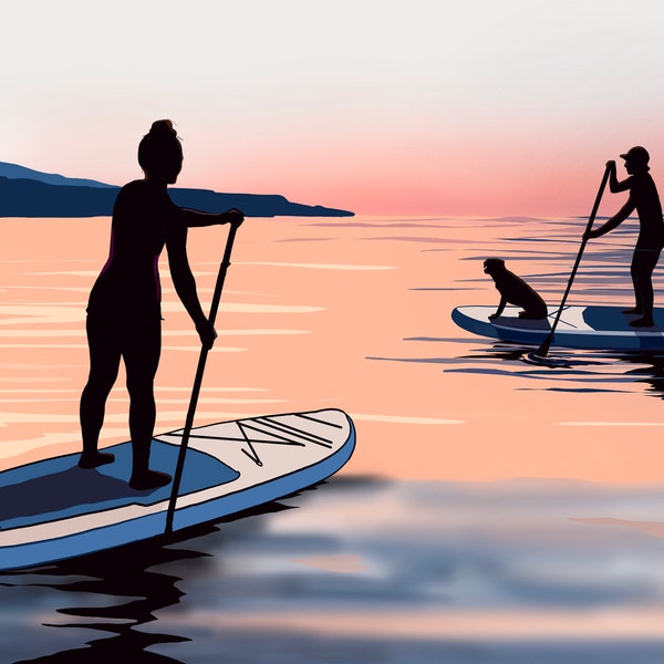 Giclee Paddleboard Art Print, SUP poster, Paddleboard Poster, 'Summer SUP', Watersports Print, SUP Print