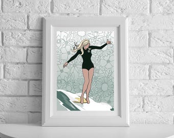 Surfer Girl Art Print: 'On the Nose' Surf Poster
