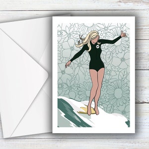 Biglietto d'auguri per ragazza surfista bionda, arte longboarder, biglietto di compleanno per surfista, biglietto d'arte a tema surf, biglietto da surf femminile, biglietto da surfista ragazza