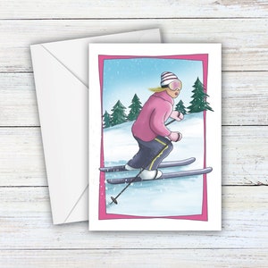 Ski unter dem Motto Grußkarte, Ski Kunstkarte, Wintersport Grußkarte, weibliche Ski Kunstkarte, Bergsportkarte, Skifahrerin Mädchen Geburtstag
