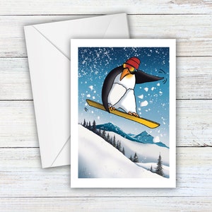 Wenskaart thema snowboard, 'Powder Perfection', Snowboard Art Card, wenskaart wintersport, pinguïn snowboarder, bergsport