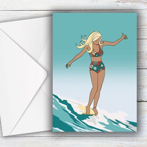 Surfer Girl Art Card, wenskaart voor surfer, wenskaart zomer surfen thema, kaart voor surfer, op surfen geïnspireerde kaart, blonde surf Chick