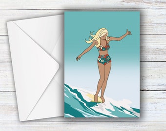 Surfer Girl Art Card, Greeting Card for Surfer, Summer Surfing Themed Greeting Card, Card for Surfer, Surf Inspired Card, Blonde Surf Chick