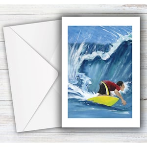 Verjaardagskaart voor surfer, 'Bottom Turn', kunstkaart surfen thema, wenskaart oceaanthema, Big Wave Surfer, mannelijke surfer, oceaankunst