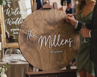 Round Wedding Guest Book Sign Personalized Wood Circle Last Name Wedding Keepsake