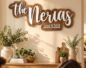 Last Name Sign Personalized Layered Wood Family Name Sign Established Date Custom Surname Wall Decor