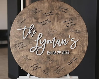 Round Wedding Guest Book Sign Personalized Wood Circle Last Name Reception Keepsake