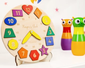 Learn To Tell Time - Educational Clock, Rainbow Clock, Teaching Tool, Kids Learning Game, Toddlers Clock, My First Clock,  Wooden Puzzle Toy