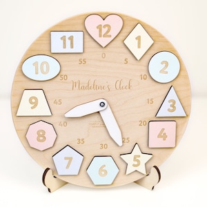 Personalized Wooden Name Clock with Shape Eastern Gift Puzzle Toys for Toddler Gift 1st Birthday Christmas Montessori Toy Baby Gift Boy Girl image 1