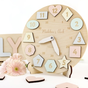 Personalized Wooden Name Clock with Shapes, Easter Gift, Puzzle Toys for Toddler, Gift 1st Birthday, Montessori Toy, Baby Gift Boy Girl US image 1