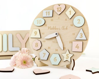 Personalized Wooden Name Clock with Shapes, Easter Gift, Puzzle Toys for  Toddler, Gift 1st Birthday, Montessori Toy,  Baby Gift Boy Girl US