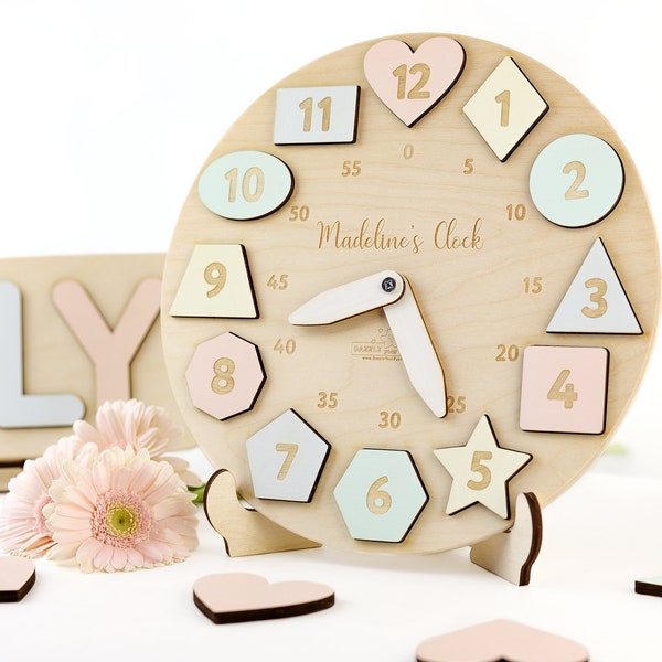 Personalized Wooden Name Clock with Shapes, Chri Gift, Puzzle Toys for  Toddler, Gift 1st Birthday, Montessori Toy,  Baby Gift Boy Girl US