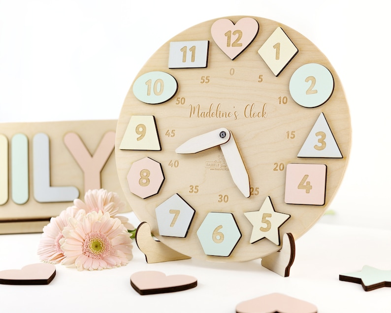 Personalized Wooden Name Clock with Shapes, Easter Gift, Puzzle Toys for Toddler, Gift 1st Birthday, Montessori Toy, Baby Gift Boy Girl US image 1