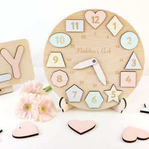 Personalized Wooden Name Clock with Shapes, Easter Gift, Puzzle Toys for Toddler, Gift 1st Birthday, Montessori Toy, Baby Gift Boy Girl US image 6