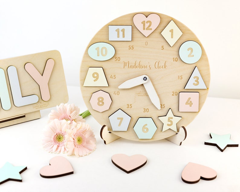 Personalized Wooden Name Clock with Shapes, Easter Gift, Puzzle Toys for Toddler, Gift 1st Birthday, Montessori Toy, Baby Gift Boy Girl US image 6