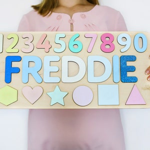 Personalized Name Puzzle With Pastel Shapes and Numbers Montessori Toys Christmas Baby Gift Nursery Wooden Toys Baby Shower Gift for Kids US